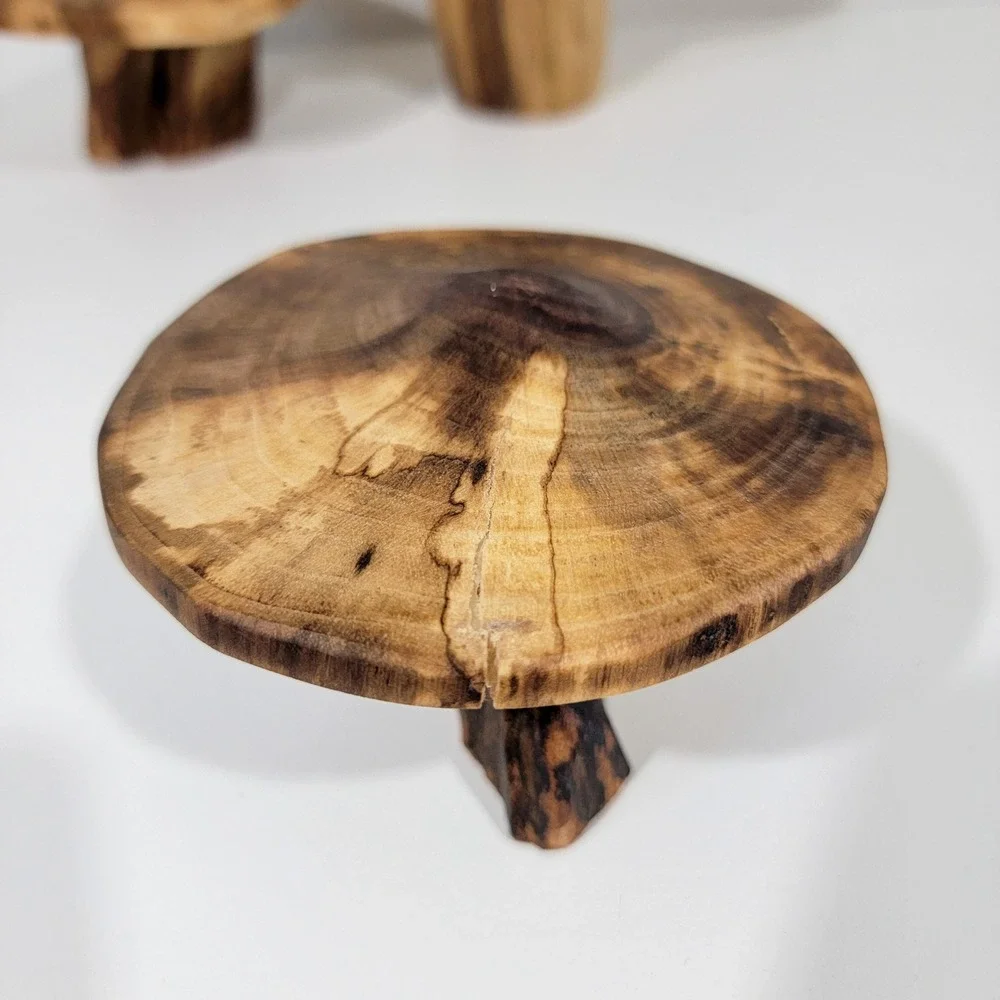 Handmade Natural Wood Mushroom Figurines Set of 3 Rustic Woodland Decor Art